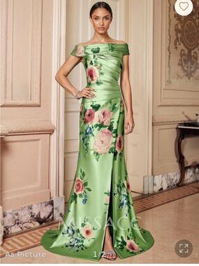 Off-Shoulder Green Floral Satin Evening Dress